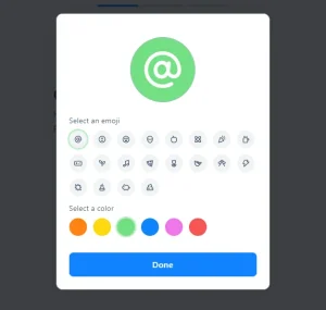 A dialog box in front of a semi-transparent dark background letting you "Select an emoji" and "Select a color." After this, you can click on the button "Done" to create the avatar.
