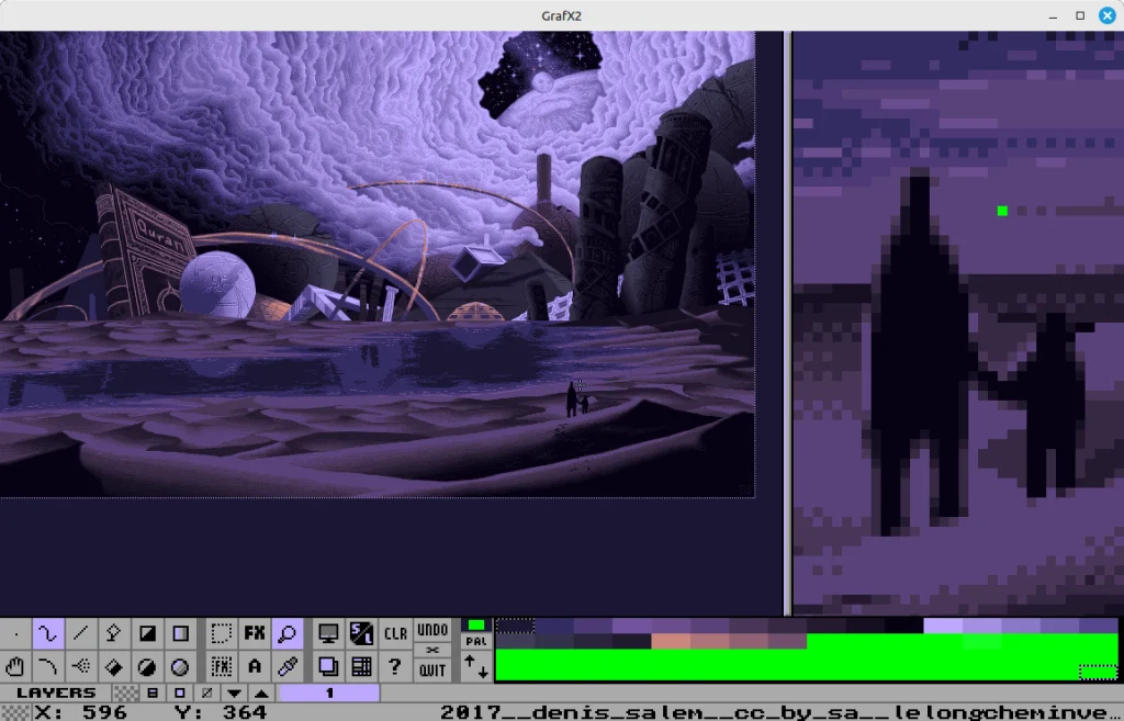 A window titled "GrafX2." In its main pane a pixel artwork can be seen, a zoomed section of it on the right pane. At the bottom several tools are found in a horizontal toolbox next to to a color palette; a bar for layers, and a statusbar.