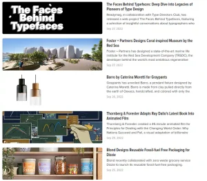 A feed of articles image wide but narrow rectangular images at the left and titles, description, and date at the right.