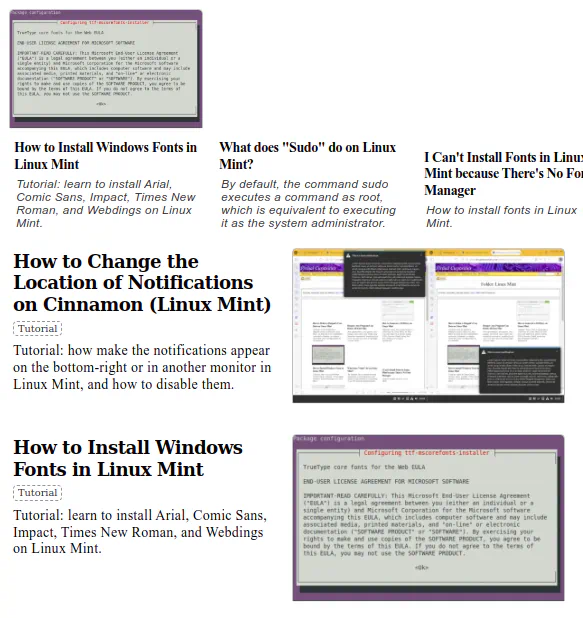 An image with two designs, one at top, another at bottom. The top one has 3 articles side by side horizontally, a thumbnail at the top, then title below, then a description in italic. The bottom design has a larger thumbnail at the right. The title is larger. There is a rounded dashed rectangle that reads "Tutorial" under the title. And then a description.