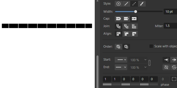 A dashed line with very narrow gaps next to a panel that says it has a square cap and 1:1 lengths for the dashes.