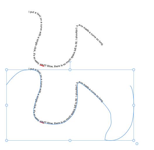 A curved text on a white background. Below it, the same text, but there is a blue rectangle indicating it's selected, and a blue line indicates its path and extends beyond the text.