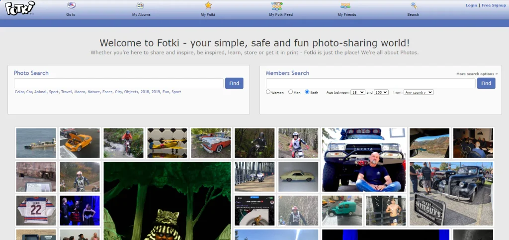 A page titled "Fotki," with a search box for "photo search" with categories like Color, Car, Animal, Sport, and and one for "members search," with options like Women, Men or Both, "Age between" 18 and 100 years old, from "Any Country." Below the search boxes, several photos are displayed in a grid, some photos occupy 2x2 or 3x3 spaces in this grid.