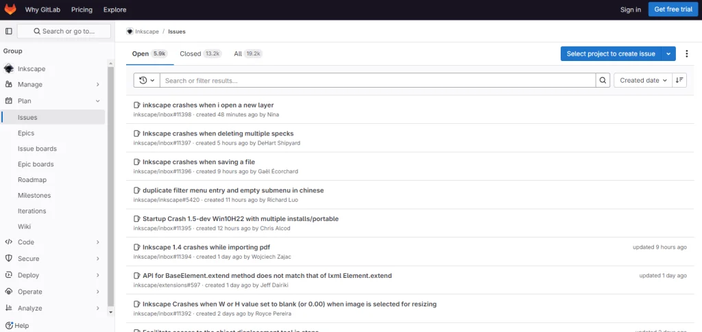 A webpage showing issues related to Inkscape, mostly "Inkscape crashes when I do something." The navbar's links read: Why GitLab, Pricing, Explore, Sign in, Get free trial. A primary button on the right side of the issues read "select project to create issue."