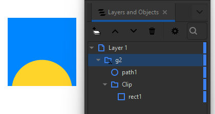 A panel that reads "Layers and Objects" showing a Layer1, inside it a group "g2," inside it a circle called "path1" and a group called "Clip," and inside that group a rectangle called "rect1." To the left, a blue rectangle (without outline) and a yellow circle clipped inside of it.