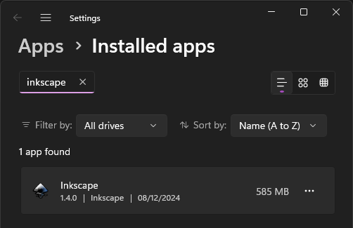 A window titled "Settings," with a heading that reads "Apps > Installed apps." In it, "Inkscape" is written in a search box. A list reads "1 app found," showing Inkscape 1.4.0 in it, using 585 MB.