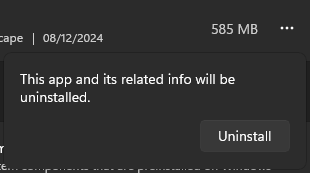 A dialog box that reads "This app and its related info will be uninstall." It has one button: "Uninstall."