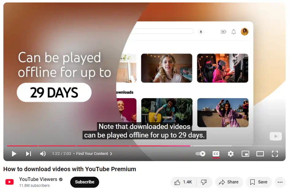 A screenshot of a video by "Youtube Viewers." The paused frame reads in the closed captions "Note that downloaded videos can be played offline for up to 29 days."