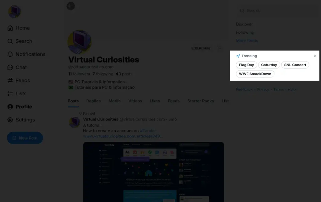 A screenshot of Bluesky, emphasizing a panel in the sidebar labelled "Trending." In it, 5 topics: Flag Day; Caturday; SNL Concert; and WWE SmackDown.