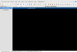 A window titled "*cherrytree 1.1.2" Its menubar has the menus File, Edit, Insert, Format, Tools, Tree, Search, View, Bookmarks, and Help. Under the toolbar, on the left pane, a tree hiearchy: My Notes (root node) with the icon of a cherry, under it two children: Cool websites (selected) with a star icon, and Reminders with an alert icon. The main pane reads "www.virtualcuriosities.com is a cool website."