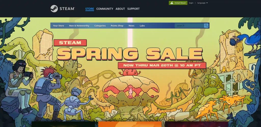 A webpage, teh navbar is titled "Steam" and has the items: Store (active), Community, About, and Support. On the top-right corner, a green button reads Install Steam, next to login and a language switcher. Below, another navbar features the options: You Store, New & Noteworthy, Categories, Points Shop, News, Labs, and a search box. The center of the page has a large illustration with the title: Steam Spring Sale, Now Thru Mar 20th @ 10 AM PT.