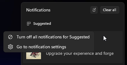 A dropdown next to a notification ad. It has two items: Turn off all notification for "Suggested" and "Go to notification settings."
