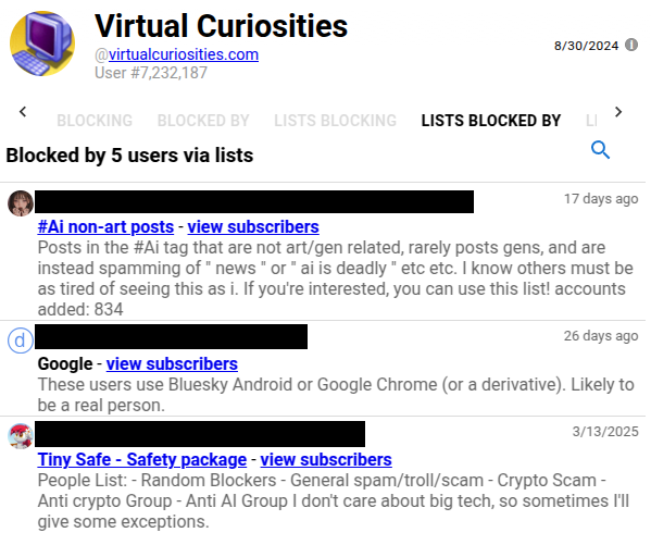 A page displaying information about "Virtual Curiosities" (@virtualcuriosities.com). It has several tabs: Blocking, Blocked By, Lists Blocking, Lists Blcoked By (active). Blocked by 5 users via lists. A list of 3 items. Each item has a date, a censored name, and link to "view subscribers." 17 days ago: #Ai non-art posts; Posts in the #Ai tag that are not art/gen related, rarely posts gens, and are instead spamming of " news " or " ai is deadly " etc etc. I know others must be as tired of seeing this as i. If you're interested, you can use this list! accounts added: 834. 26 days ago: Google; These users use Bluesky Android or Google Chrome (or a derivative). Likely to be a real person. 3/13/2025: Tiny Safe - Safety package; People List: - Random Blockers - General spam/troll/scam - Crypto Scam - Anti crypto Group - Anti AI Group I don't care about big tech, so sometimes I'll give some exceptions.