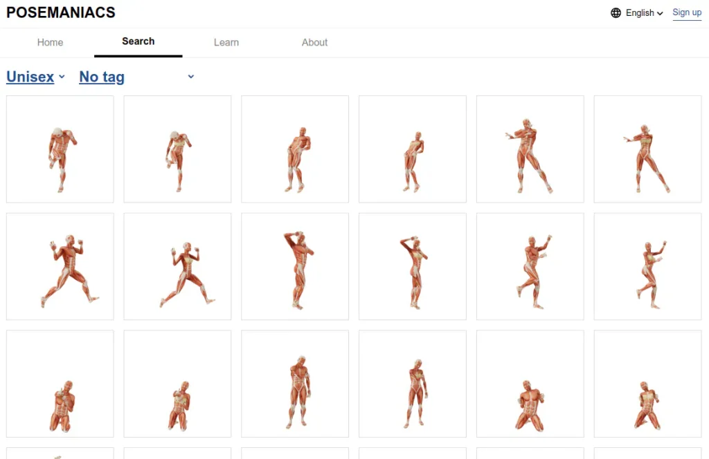 A webpage titled "POSEMANIACS" with a list of thumbnails of 3D human anatomical models in various poses. The models are textured to display the anatomy of the muscles.