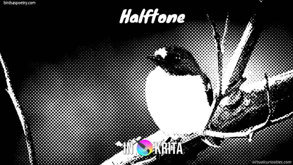 A photo of a bird with a black and white halftone effect applied to it, made in Krita.