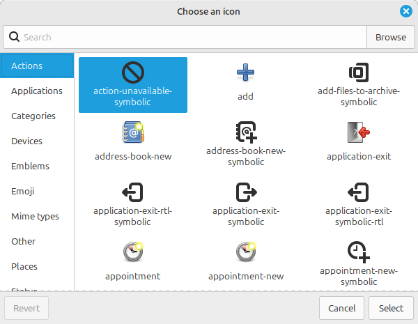 A dialog window titled "Chose an icon." In it, a search box, and a button labelled "Browse." A side pane with multiple categories: Actions (Selected), Applications, Categories, Devices, Emblems, Emoji, Mime types, Other, Places, Status. And a main pane with various icons, such as action-unavailable-symbolic (Selected), add, add-files-to-archive-symbolic, address-book-new, address-book-new-symbolic, application-exit, application-exit-rtl-symbolic, application-exit-symbolic, application-exit-symbolic-rtl, appointment, appointment-new, and appointment-new-symbolic. Three buttons: Revert (grayed out), Cancel and Select.