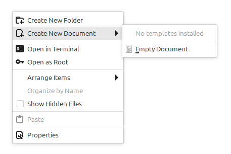 A context menu, the item "Create New Document" selected, expanding its submenu with 2 items: No templates installed (grayed out), and Empty Document.