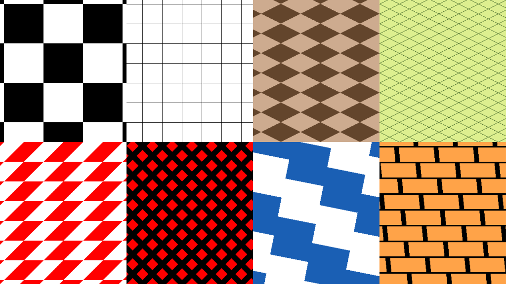 Twelve different grid and checkerboard patterns: a simple black and white checkerboard, a simple black grid, an isometric checkerboard (brown), an isometric grid (green), a slanted checkerboard that looks like a formula 1 racing flag, a diagonal grid that looks like red diamonds on a black background, a stairs-shaped pattern, and a brick pattern.